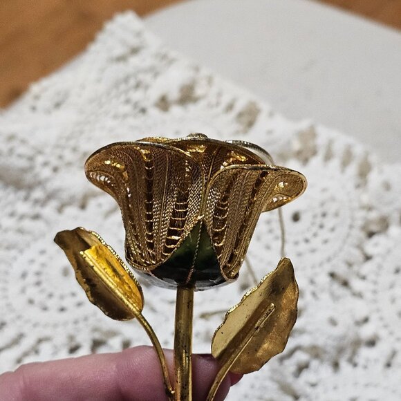 Vtg Gold Tone Filigree Rose Cloisonné Leaf 3D Rose Ornament - Picture 12 of 16